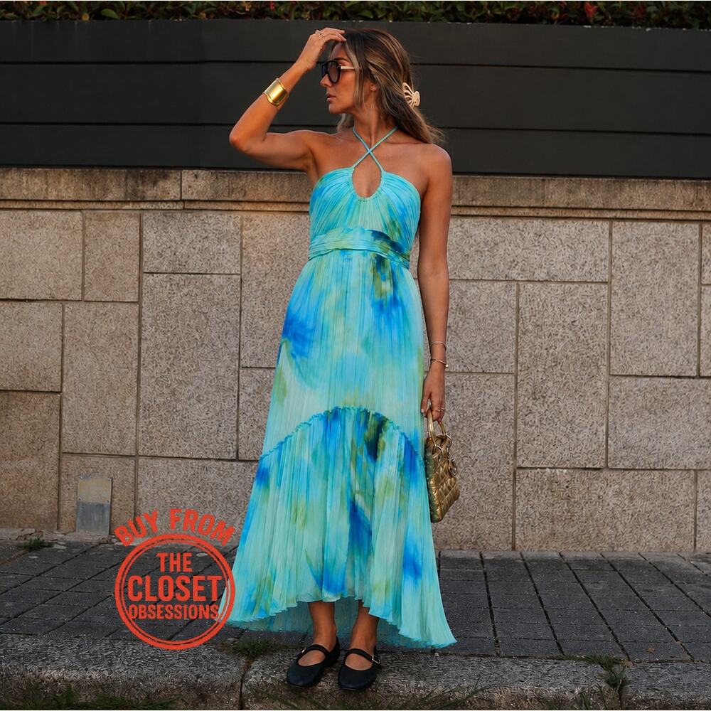 Mango NWT Blue Watercolor Halter Pleated Maxi Dress 6 8 - Picture 9 of 16